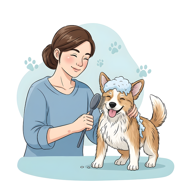 ペットを優しくシャンプーする飼い主の手と、泡立つシャンプー