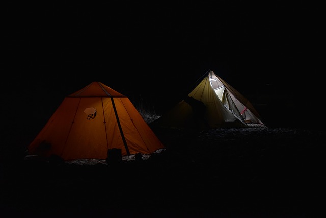 夜間のキャンプ場でガイロープにつまずきそうになる人