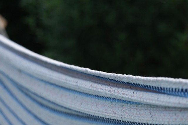 青空の下、庭に設置された快適そうなハンモックスタンド