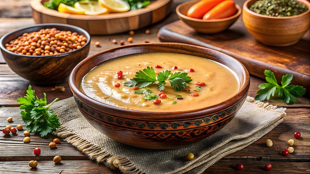 お玉を使ってスープを鍋から器にきれいに注いでいる様子