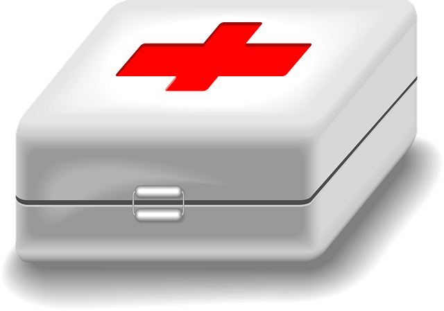 非常用持ち出し袋から取り出された防災グッズ（水、食料、ラジオなど）が整然と並べられている様子