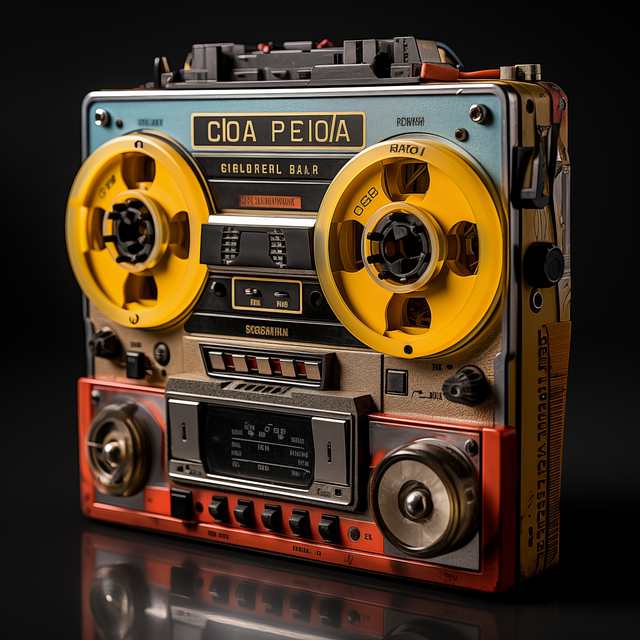 レトロなデザインのカセットプレーヤーとカセットテープ