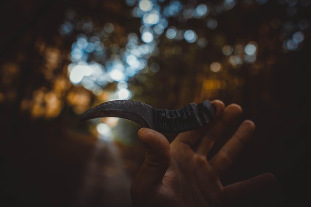 キャンプで包丁を研いで手入れしている様子