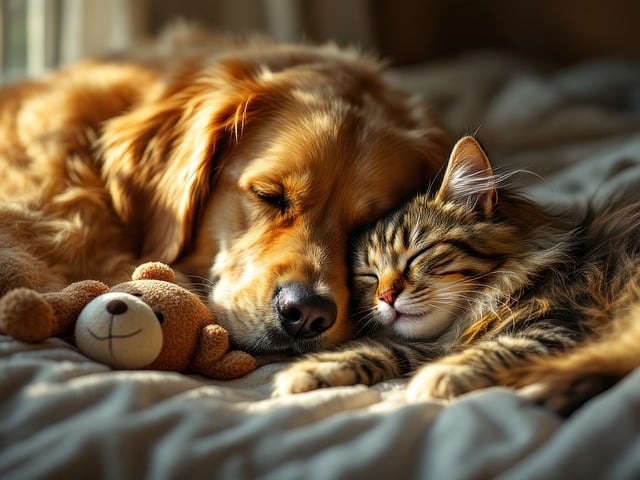 心地よさそうにペット用ベッドで眠る犬と猫