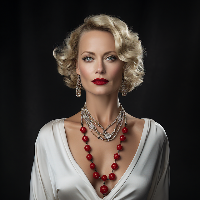 ブラウスを試着しながら鏡で確認している女性