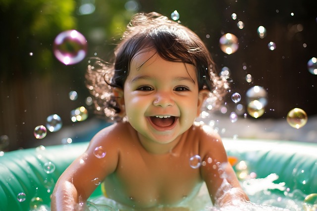 笑顔の赤ちゃんがベビーバスで気持ちよさそうに入浴している様子